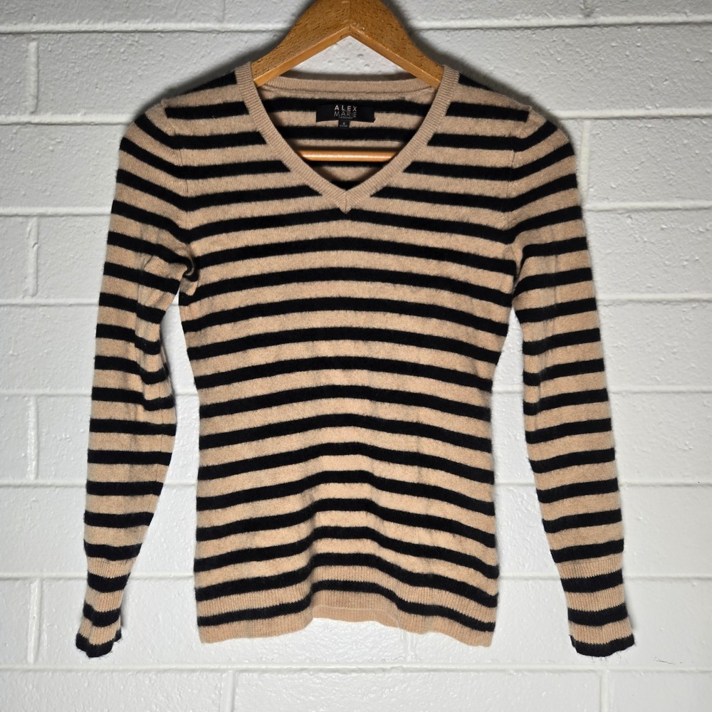 Alex Marie Sweater Small 100% Cashmere V-Neck Striped Neutral Preppy‎ Soft Luxe